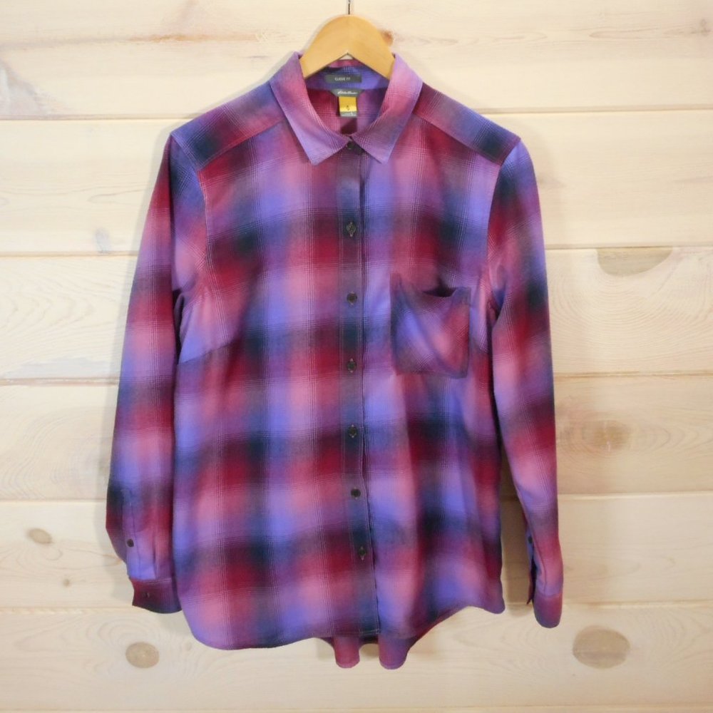 Eddie Bauer Travex Women's Size L Purple Button Up Shirt Long Sleeve Plaid